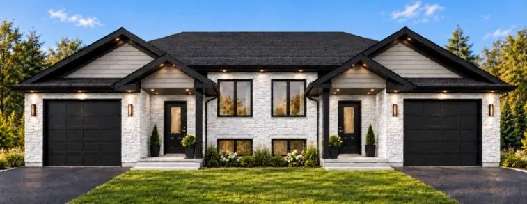 Front view of a pre-construction legal duplex with an attached garage