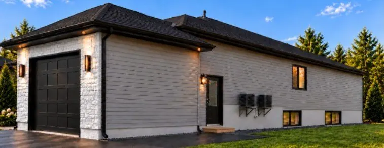 Side view of a pre-construction legal duplex showing the lower-unit entrance