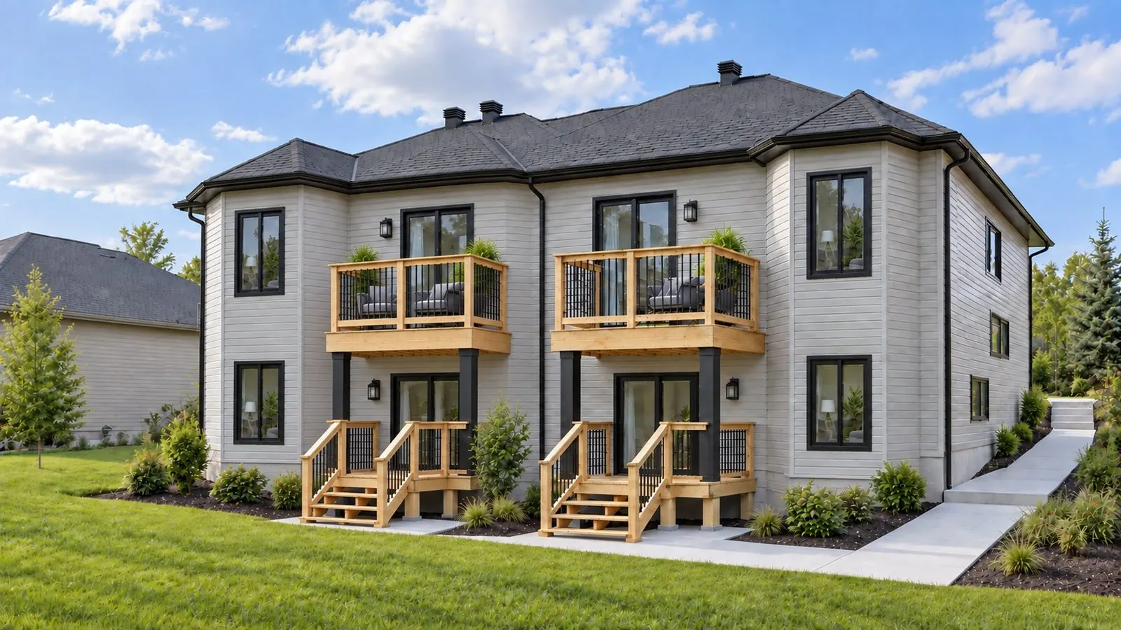 Rendering of a legal duplex with a walkout lower level and a door to the yard