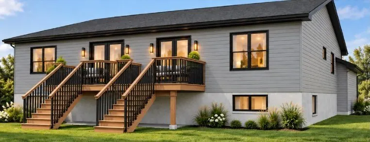 Rear view of a pre-construction semi-detached bungalow with a deck on each side