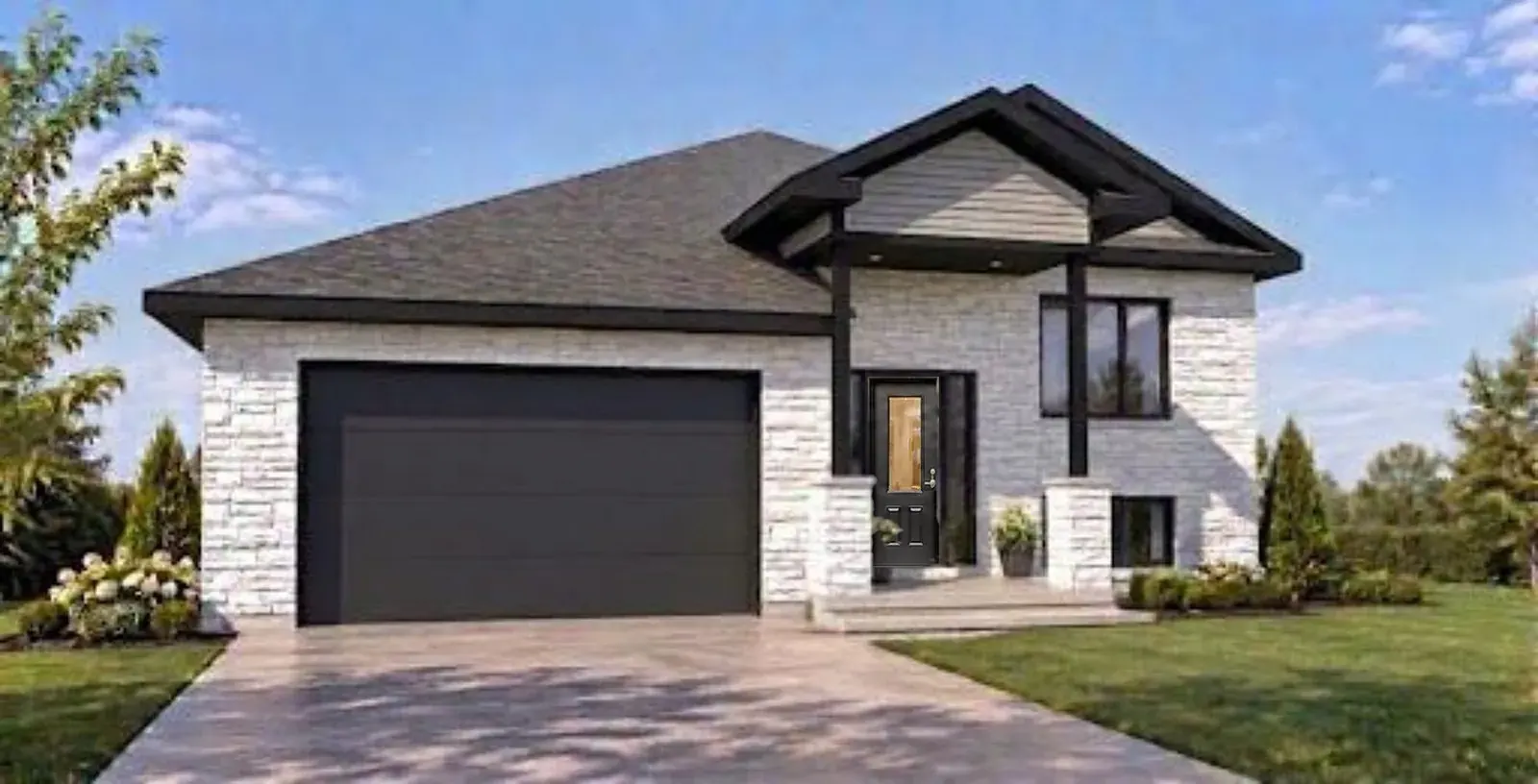 Front view of a pre-construction single-family bungalow with stone, siding and an attached garage