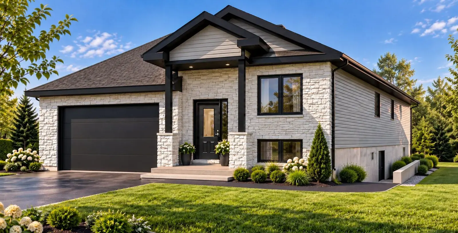 Side view of a pre-construction bungalow showing the lower-level side entrance